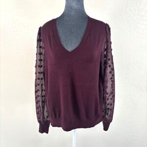 Les Serein Burgundy V Neck Sweater‎ Sheer Dot Sleeve Women's Size L